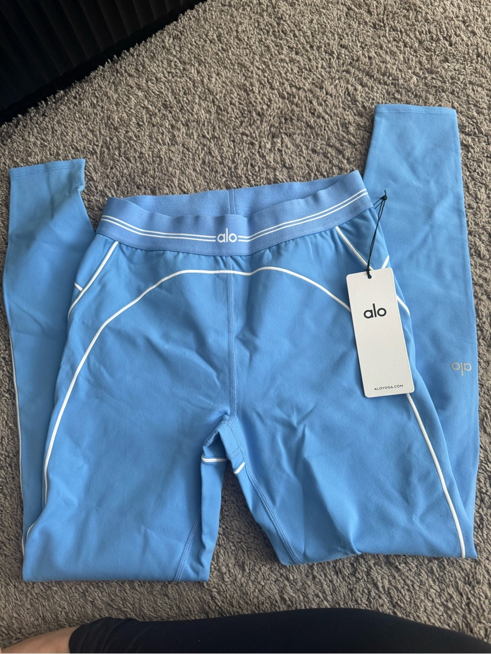 ALO Yoga Kids Sky Blue Leggings with White Piping
